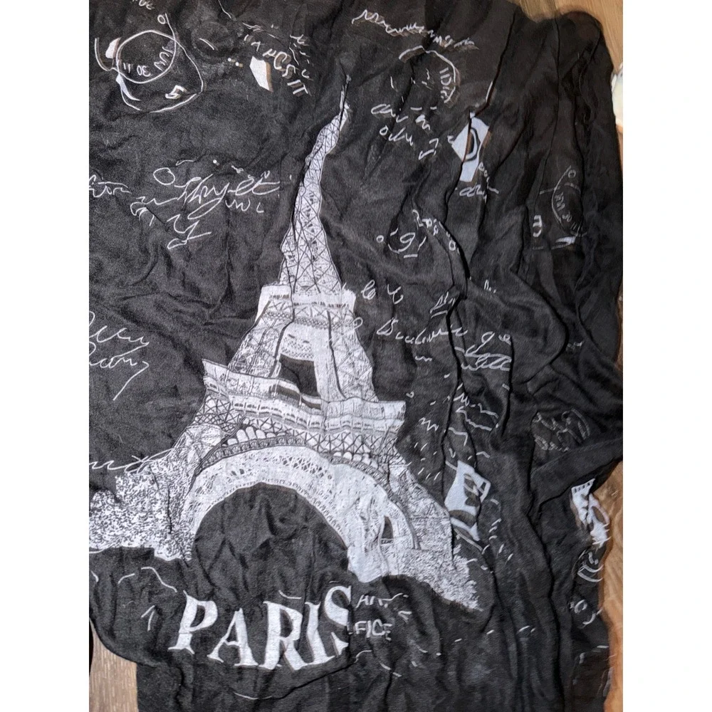Paris Eiffel Tower Graphic Scarf Black White‎ Script Print Frayed Edge Gauze